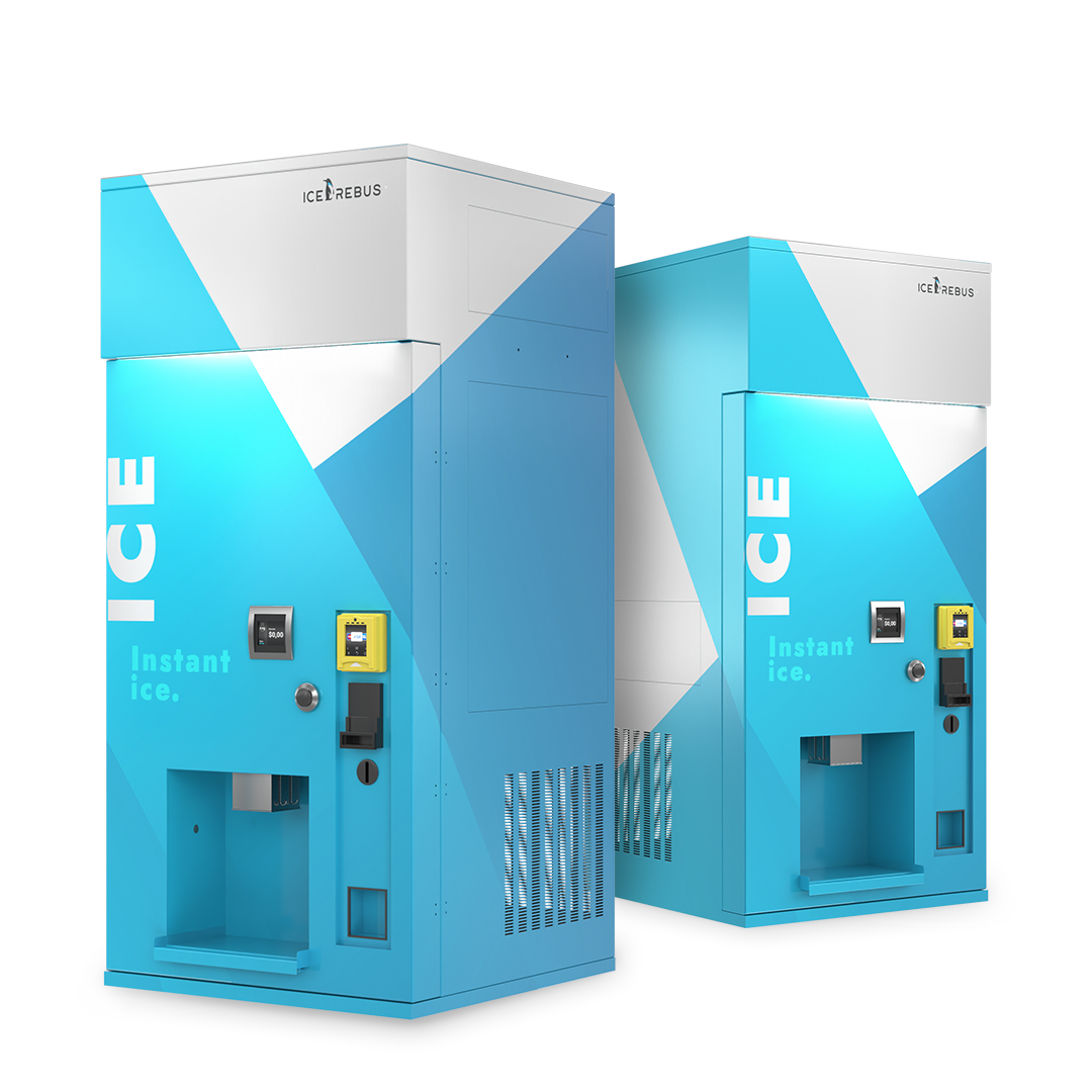 Two blue and white ice vending machines branded ICE REBUS with text 'ICE Instant ice.' and digital payment displays.